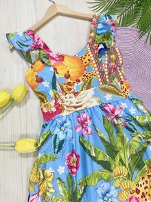 Long Dress With PRINT And Lining In Beautiful, Fashionable CREPINHO Fabric - Teal Blue - View 4