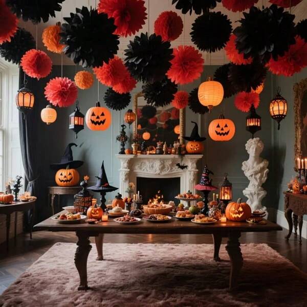 10pcs/3pcs Pumpkin Lantern Paper Flower Ball Set, Halloween Party Decor, Black & Red Paper Lanterns, Create Spooky Atmosphere, Suitable For Holiday Gatherings, Family Parties, Birthday Celebrations And Singles' Night
