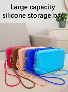 1个长形硅胶材质零钱包，多功能大容量收纳包，带绳化妆包，简约小物品数码收纳包，便携式零钱包，月经包，耳机包，柔软硅胶触感舒适，适合居家、工作、外出、旅行。