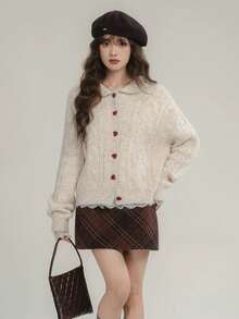 韩版甜美复古百搭撞色彼得潘领麻花针织开衫 - 燕麥色 - 查看 4