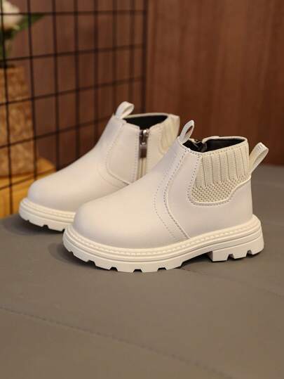 1 Paar Kleinkind/Kinder Weiche & Bequeme Elastische Stoff + PU Leder Stiefel, Warme Fütterung Reißverschluss Design Rundkopf Weiche Sohle, Einfacher Britischer Stil Knöchel Stiefel für Jungen & Mädchen, Geeignet für Innen, Außen, Schule, Herbst/Winter