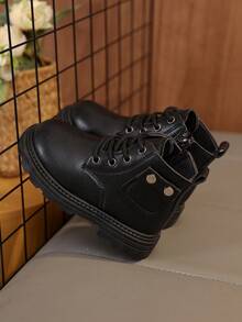 1 双黑色柔软舒适 PU 皮靴，适合幼儿和儿童，前系带，侧拉链，圆头，软底，侧袋装饰，时尚可爱，适合男孩和女孩休闲、派对、校服，秋冬 - 黑色 - 查看 8