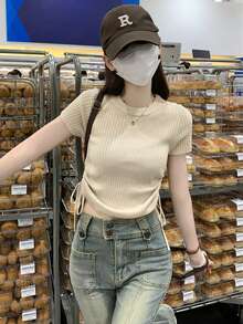 女式纯色收腰褶饰日常夏季短袖针织上衣 - 杏色 - 查看 3