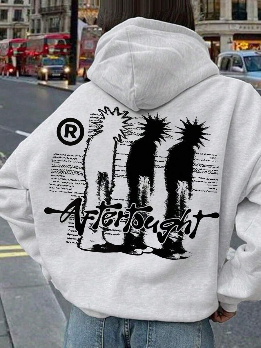 1件少女街头人物印花卫衣,舒适柔软,春秋季日常休闲穿着 - 灰色 - 查看 1