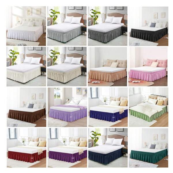 Falda de cama con volante envolvente - Gris oscuro - Para camas Queen Size con caída de 15 pulgadas - Correa elástica - Falda de cama plisada ajustable con tela cepillada y sin arrugas - Para mujeres, hombres, niños y adolescentes