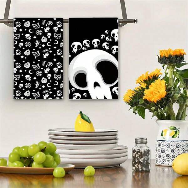 2pcs Vintage Ghost Kitchen & Bathroom Towels - Colorful Halloween Themed Hand Towels With Star Design, Polyester, Machine Washable - Great For Home Decor, Holiday Gifts And Housewarming Celebrations, Halloween Decorations Fun Design Polyester Towels For Bathroom Kitchen Decor