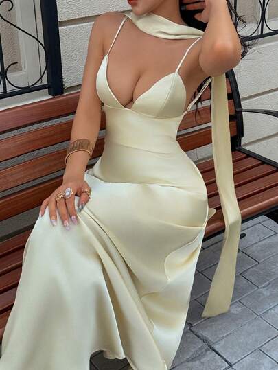 Vestido de estilo lencería de satén con decoración de bufanda fina, elegante y sexy, nueva moda de verano DEEKA