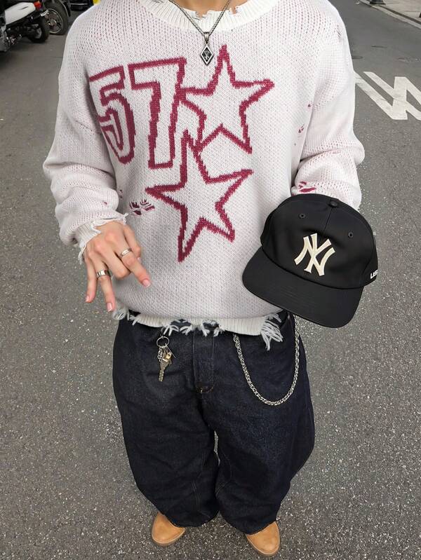 Men's Casual Loose Knit Sweater With Star & Numeral Intarsia Pattern, Distressed Design, Round Neck, Drop Shoulder, Long Sleeve, Autumn/Winter