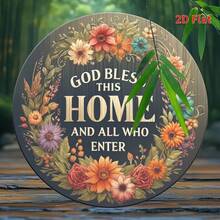 2D Flat Printing, An 8 * 8 Inch Aluminum Metal Sign That Says 'God Bless This Home And All Who Enter', A Welcome Circular Wreath Sign, Wreath Sign, Porch Decoration, Door Decoration, Scene Decoration. - Metal Spray Paint - View 7