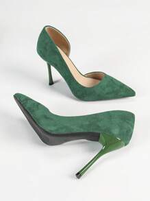 女士优雅绿色高跟鞋，时尚纤细尖头高跟鞋，性感侧镂空细高跟鞋