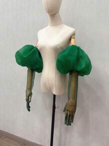 1 件白色欧根纱泡泡袖新娘袖 + 手套，带弹性袖口秋季配饰