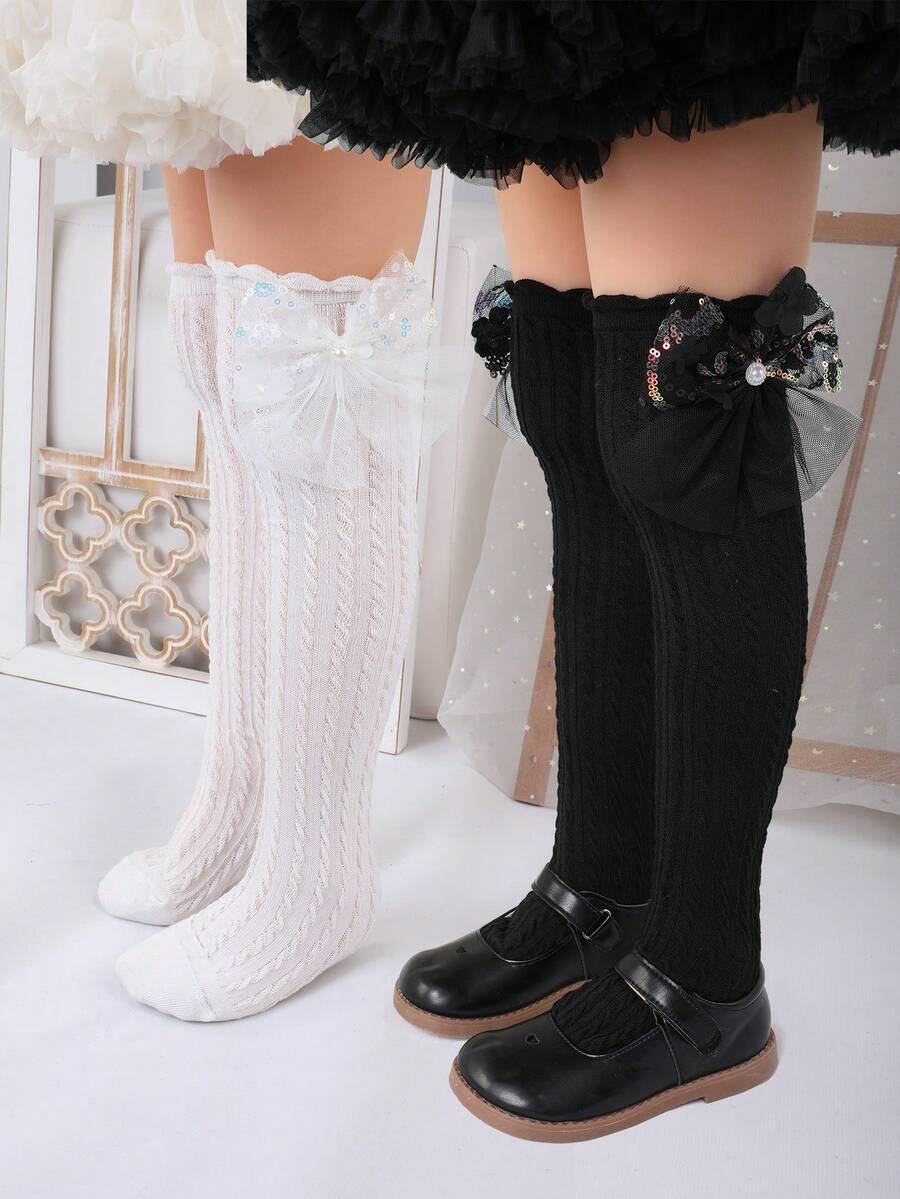 2 双装女宝宝网眼花卉蝴蝶结及膝袜,女童四季过膝袜,适合秋季校服 - 黑與白 - 查看 1
