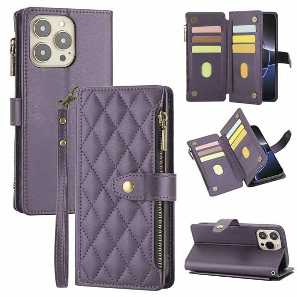 1pc Flip Cover Protective Case Compatible With Apple 17 ProMax/16/15/14/13/12/11pro, Wallet Phone Case With Card Slot, Wrist Strap, Zipper Pocket