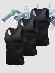 3件套男士黑色塑身背心紧身背心牛奶丝弹力舒适户外运动训练跑步篮球足球运动打底背心速干吸汗透气穿着舒适春夏礼物 - 黑色 - 查看 2