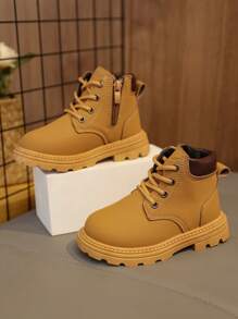 1 Pair Toddler/Kids Soft Suede PU Boots, Front Lace-Up, Side Zipper, Round Toe, Soft Sole, Retro British Style, Warm & Cute, Suitable For Boys & Girls, Everyday & School Wear, Autumn/Winter