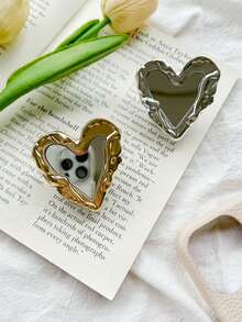 1 件心形镜面手机支架，电镀金属皱褶粘合可伸缩桌面支架，简约设计，兼容 、Android 手机，生日、家人、朋友礼物，推拉式手机握把手机配件 - 愛心鏡子 - 查看 5