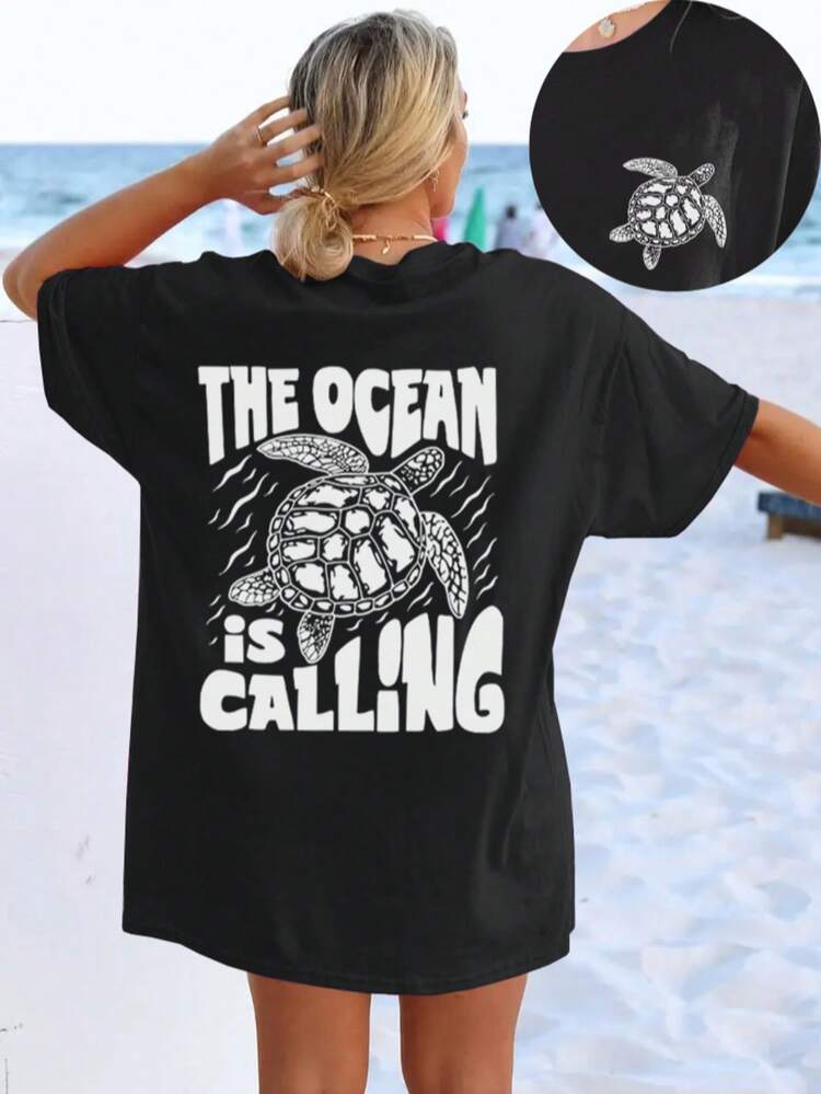 Plus Size Women's T-Shirt, Ocean Calling And Sea Turtle Print Loose Short Sleeve Top, Casual Summer/Autumn Tee, Graphic Tee - Black - View 1