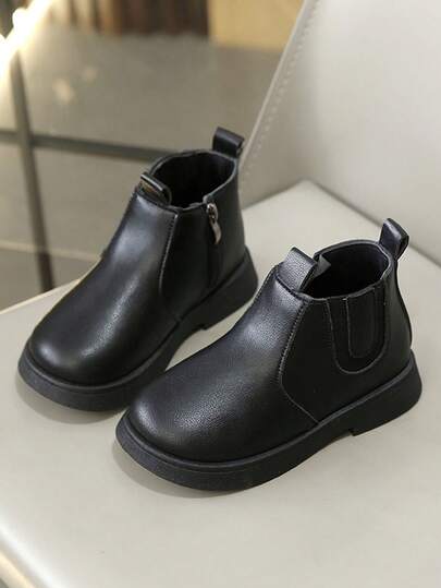1 Pair Black Soft & Comfortable Matte PU Chelsea Boots For Toddlers & Kids, Elastic Side Panel, Round Toe, Zipper Closure, Warm Thick Sole, Fashion & Cute Boots, Suitable For Boys & Girls Everyday & School Wear, Autumn/Winter