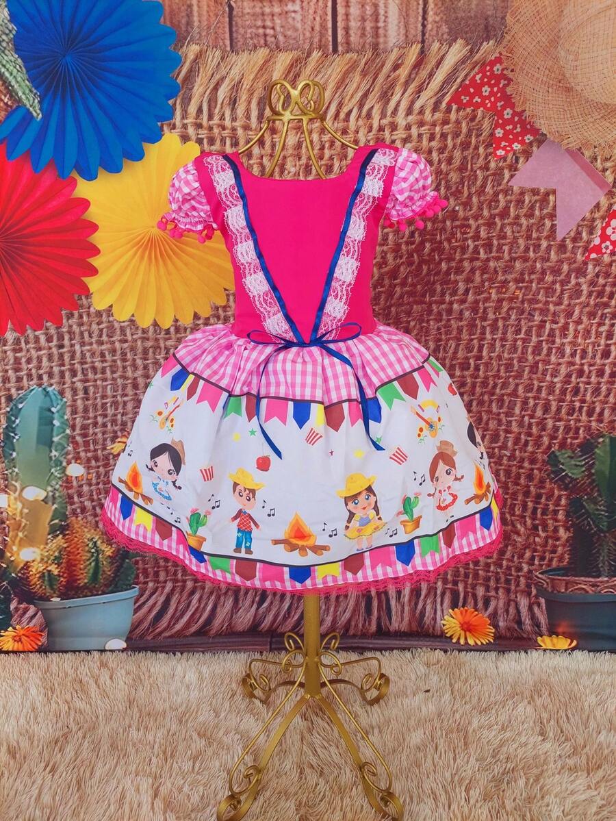 Children's Dress June Party Caipira Saint John Plaid Bow Square Dance School Fair Arraiá Northeast Costume Popcorn Queen Little Girl Girl Festivity Ruffle Youth Typical June Party - 羅莎 - 查看 1