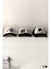 1 件字母猫宽檐棒球帽女款大头围防紫外线可爱黑猫刺绣撞色棒球帽百搭适合大头围 - 棒球帽 - 查看 1