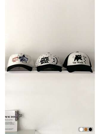 1pc Letter Cat Wide Brim Baseball Cap, Women, Large Head Circumference, UV Protection, Cute Black Cat Embroidery Contrast Color Baseball Cap, Versatile, Suitable For Large Head Size