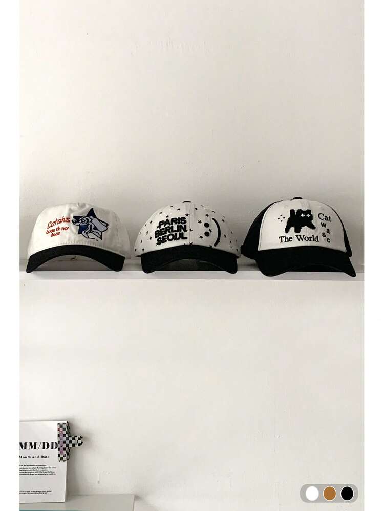 女性用かわいい黒猫刺繍ワイドブリムベースボールキャップ、レター装飾カラーブロック サンハット、大きめサイズ対応 UVカット フェイススリミング ピークキャップ - マルチカラー - 見る 1