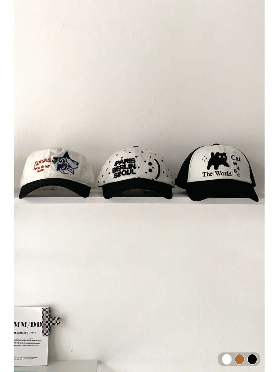 1 件字母猫宽檐棒球帽女款大头围防紫外线可爱黑猫刺绣撞色棒球帽百搭适合大头围 - 棒球帽 - 查看 1