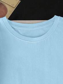 Smiling Letter Print Round Neck Casual Short Sleeve T-Shirt, Soft And Comfortable For Spring/Summer Wear - Baby Blue - View 4