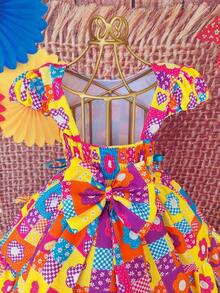 Children's Dress June Party Caipira Saint John Plaid Bow Square Dance School Fair Arraiá Northeast Costume Popcorn Queen Little Girl Girl Festivity Ruffle Youth Typical June Party - 珊瑚粉 - 查看 3