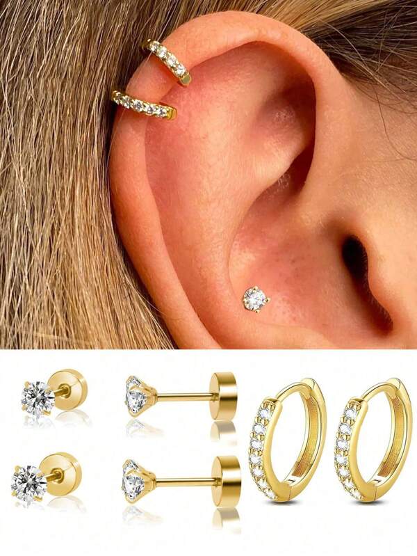 3 Paare glitzernde CZ Ohrstecker, kleine goldene Creolen für Frauen, Knorpel Ohrringe 14 Karat Goldplattiert in Edelstahl Scharnier Huggie Creolen für Helix, zierlicher Concha Tragus Piercing Schmuck CZ Flachkopf Stecker