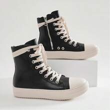 Men's Thin Shoelaces, Round Toe Shoes, High-Top Casual Shoes, Minority Retro Thick-Soled Skateboard Shoes. - 黑色 - 查看 7