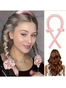 1 件非热能冰发髻制作器 - 柔软且非热能粉色头带款式，无损伤，适合普通头发的自然波浪，四季护理，非热能冰发髻制作器，优雅的设计，柔软的织物带，居家护发，返校，旅行度假必备，女士发饰 - 彩色 - 查看 2