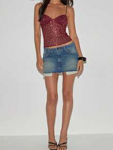Women Y2k Sequin Glitter Camisole Spaghetti Strap Sparkly Slim Fit Tops Going Out Party Clubwear Tops - 酒紅色 - 查看 5