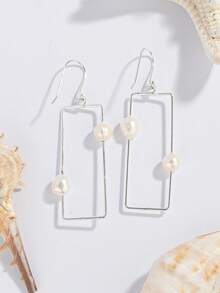 1 Pair Handmade 925 Sterling Silver Natural Baroque Pearl Geometric Rectangle Earrings, Elegant & Unique, Suitable For Women Casual & Work Wear - Rectangular Baroque Pearl Earrings - View 2