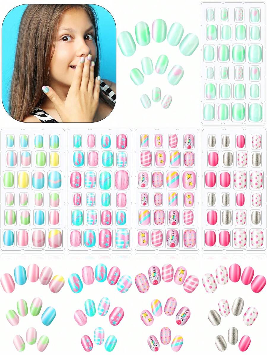 NAIO 120 Pieces Kids Press On Nails Children Fake Artificial Nails Girls Full Cover Short False Fingernails For Girls Kids Design Decoration(Lovely Pattern)