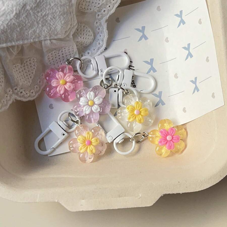 5 件/包透明双层五瓣花钥匙扣，闪光花朵吊坠装饰，适合女孩包包配件汽车配件可爱哥特 Y2k 万圣节配件教师节的小礼物