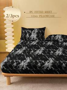 2/3 件套黑色大理石图案床笠套装（无填充物），卧室床笠套装，拉绒超细纤维透气舒适 1 件床垫套，带 1/2 件枕套，床罩套装，特大号双人床尺寸床笠套装，适用于卧室，拉绒宿舍床上用品，背部学校床上用品 - 黑色 - 查看 4