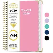 2026/1-12 A5 Planner Notebook, 71 Sheets/142 Pages - Monthly & Weekly Calendar, Pink & Gold Edges, Elastic Closure, Inner Pocket, Ideal For Office & School Organization