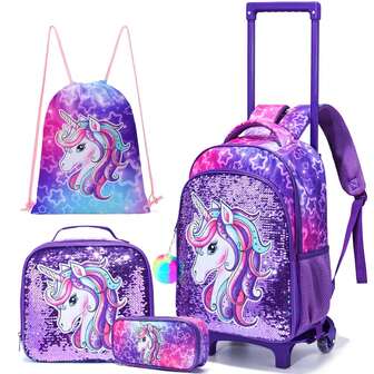 4pcs/Set Girls' Rolling Backpack, Children's Sequin Unicorn Backpack, Handbag, Outdoor Bag, Pencil Case, Best Back To School Gift