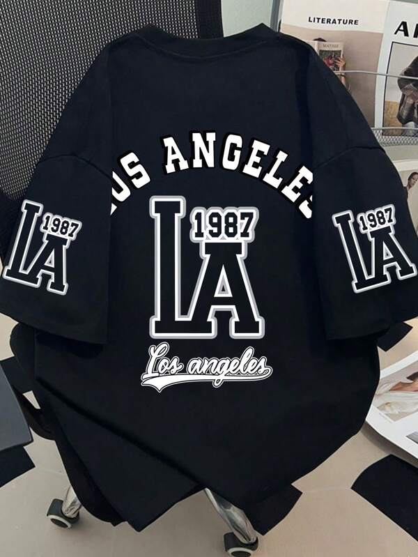 Teen Boys Vintage LA College Design, Short Sleeve Loose Soft Cool Tee, Casual School Wear Summer, Boys Tops