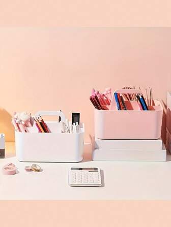 1 Piece, Multifunctional Storage Basket With Handle For Easy Organization Portable Pencil And Pen Holder Pencil Box, Desktop Organizer 5 Compartment Divider Storage Box For Room, School, Living Room.