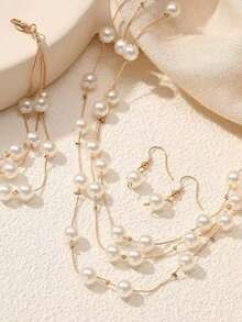 3pcs Elegant Fashion Necklace, Bracelet, Earring Set, Multi-Layer Pearl Chain Jewelry, Suitable For Wedding, Bride, Evening Party