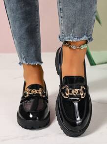 Mocassins  noir pour femmes, talon épais, Glissant, décoration boucle métallique, finition brillante, derbies casual, convient pour le printemps, l'automne et toutes les saisons