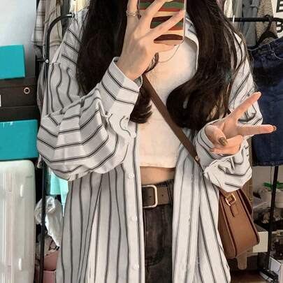 봄 & 가을 캐주얼 루즈핏 스트라이프 긴팔 여성 블라우스