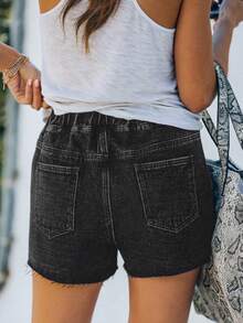 Quần short denim màu xanh nhạt gợi cảm dành cho nữ, có dây rút co giãn ở eo và gấu quần cắt thô, hoàn hảo cho những dịp thường ngày trong thời tiết ấm áp. - màu đen - Xem 2