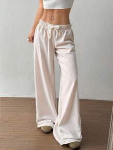 2 pack/2 pacPantalones anchos de algodón y lino para mujer, holgados, con cordón y cómodos - Blanco y Negro - Ver 2