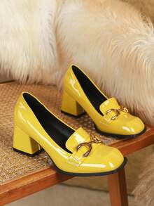 Small Size Women's Thick Heel Mary Jane Pumps, Square Toe High Heels With Metal Buckle, Fashion Yellow High Heel Shoes, Comfortable Square Toe Chunky Heel Pumps - Yellow - View 4