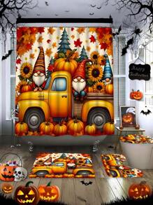 Autumn Pumpkin Shower Curtain Set, Includes Non-Slip Rug, Toilet Lid Cover, Bath Mat, And 12 Hooks - Woven Polyester, Waterproof, Dry Clean Only Bath Decor Accessories