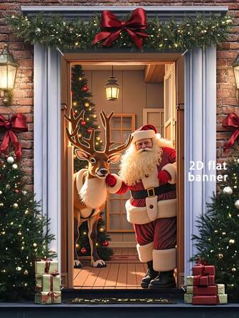 1 pieza Pancarta plana de Navidad 2D, 35.4inX70.8in, decoración colgante del pórtico de Papá Noel, material de poliéster duradero, decoración navideña, decoración de fiesta con tema navideño, para uso en interiores y exteriores, ideal para pórtico, jardín, garaje y hogar