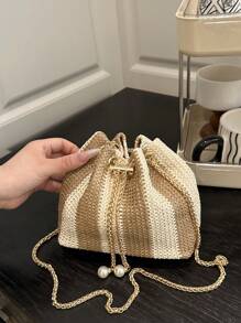 迷你时尚纯色女士水桶包，百搭优雅的链条斜挎包，适合购物、钱包、逛街、年轻女性、大学生、新人、白领。非常适合办公室、大学、工作、商务、通勤、户外活动、旅行和郊游。